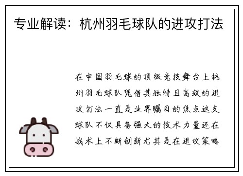 专业解读：杭州羽毛球队的进攻打法