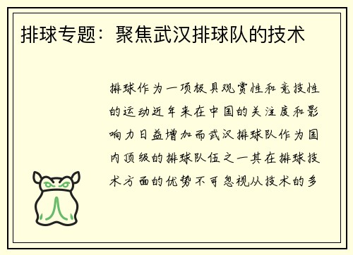 排球专题：聚焦武汉排球队的技术