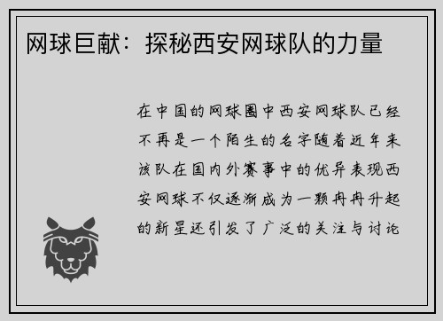 网球巨献：探秘西安网球队的力量