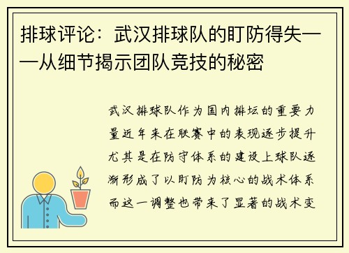 排球评论：武汉排球队的盯防得失——从细节揭示团队竞技的秘密