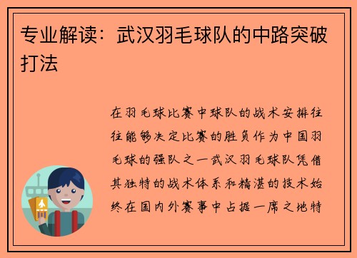 专业解读：武汉羽毛球队的中路突破打法